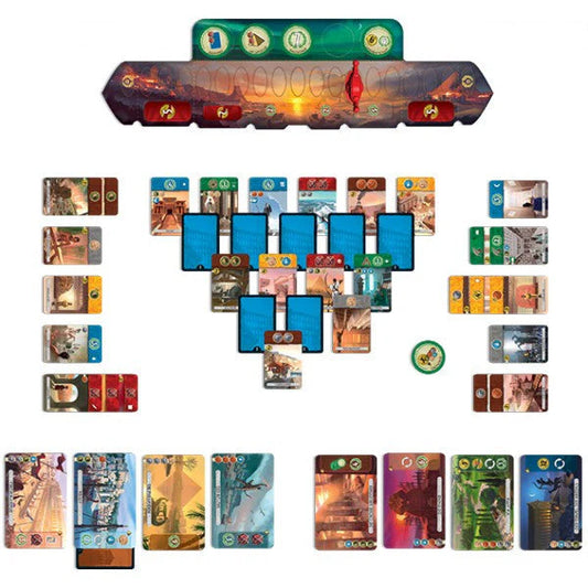 7 Wonders Duel board game components including cards and a board with scenic designs on a white background
