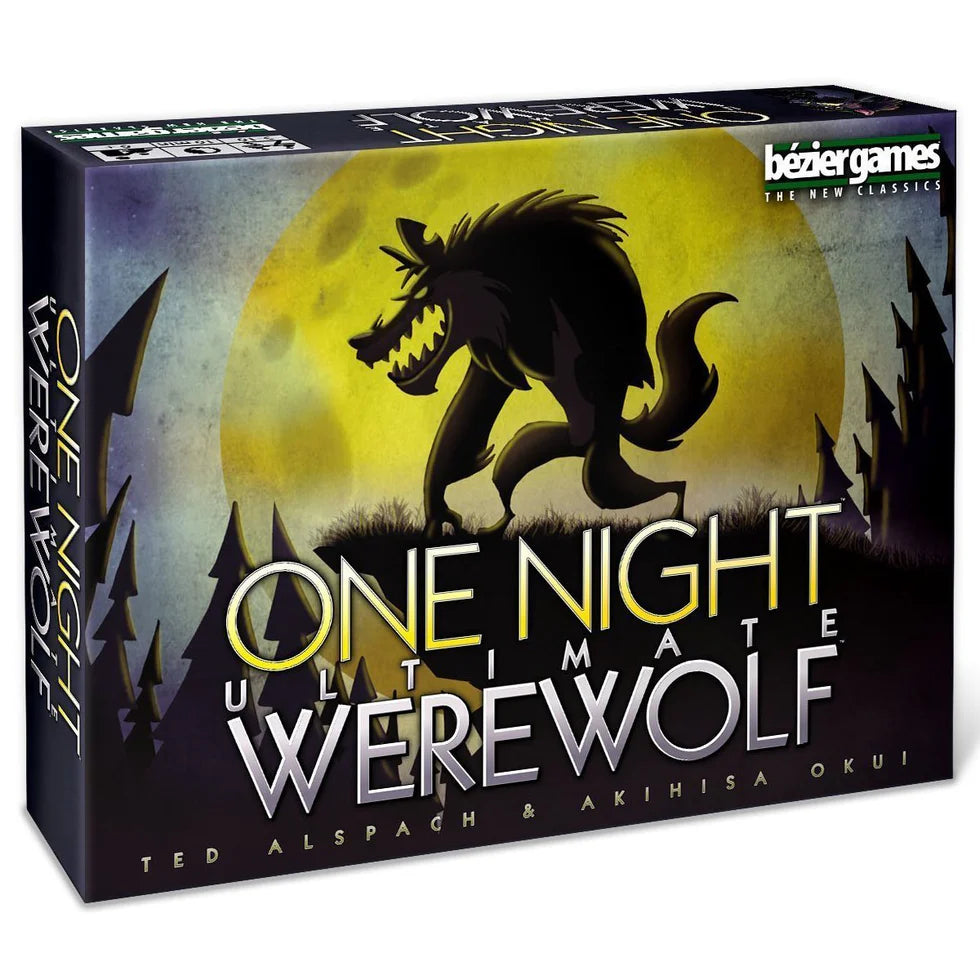 Board game box for 'One Night Ultimate Werewolf' with a werewolf silhouette against a moonlit sky. Front view