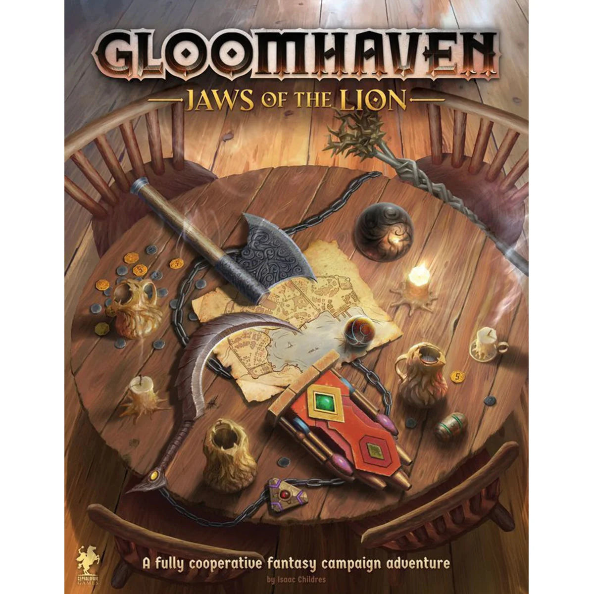 Gloomhaven Jaws of the Lion game box with a wooden table and fantasy elements.