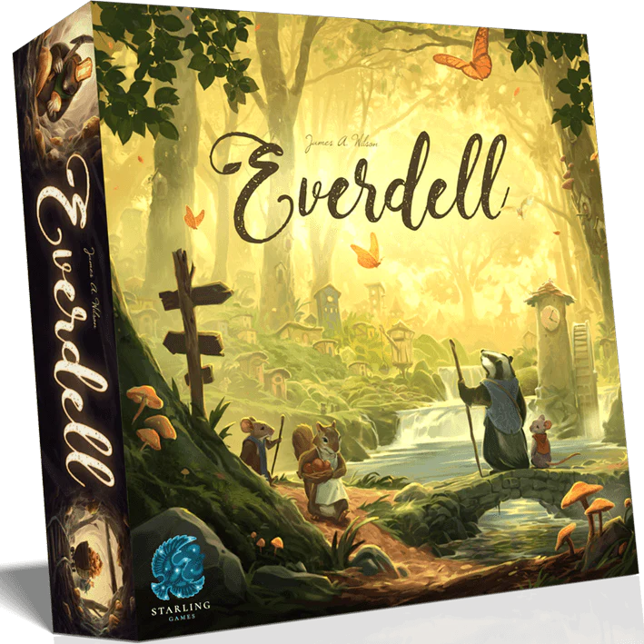 Board game box for 'Everdell' with a fantasy forest scene and characters. Front view