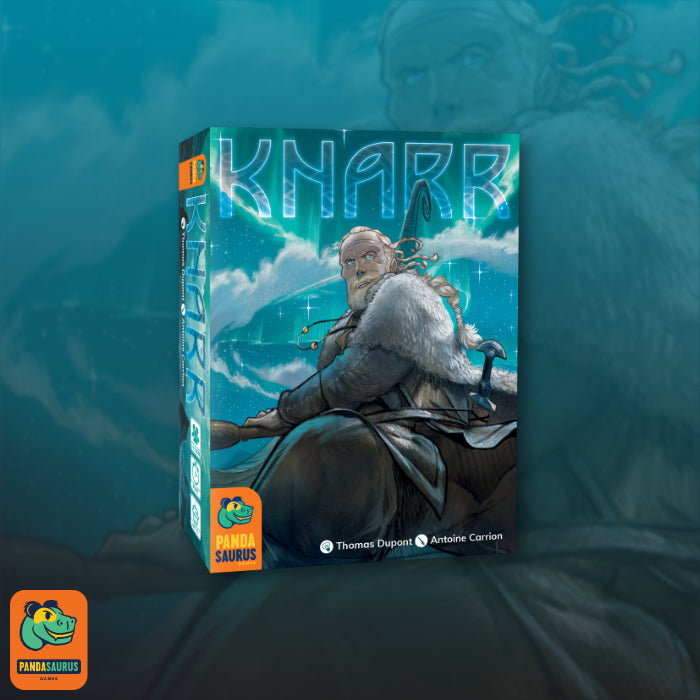 Board game box titled 'Knarr' with a character illustration on a blue gradient background.