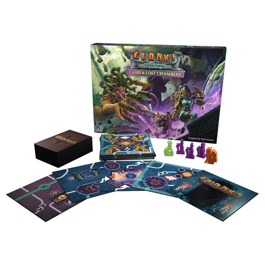 Board game 'Clank!' with components including cards, figures, and box on a white background