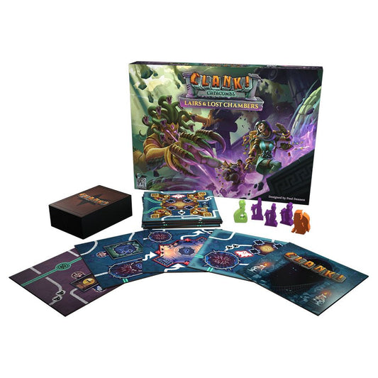 Board game 'Clank!' with components including cards, figures, and box on a white background