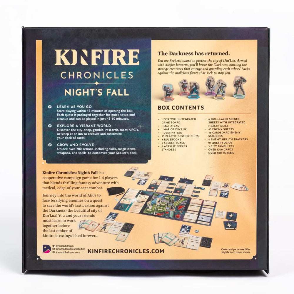 Board game box for 'Kinfire Chronicles: Night's Fall' with text and graphics on a white background