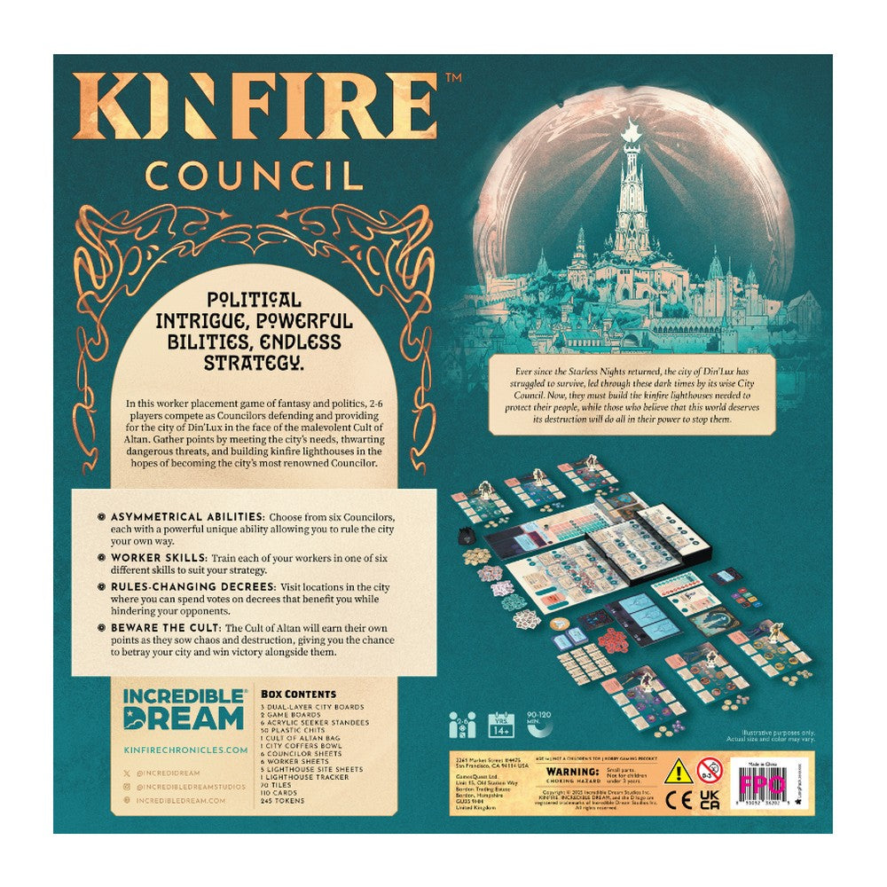 Rear view of board game box for 'Kinfire Council' with text and graphics on a teal background