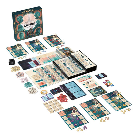 Kinfire Council board game set with pieces and components on a white background