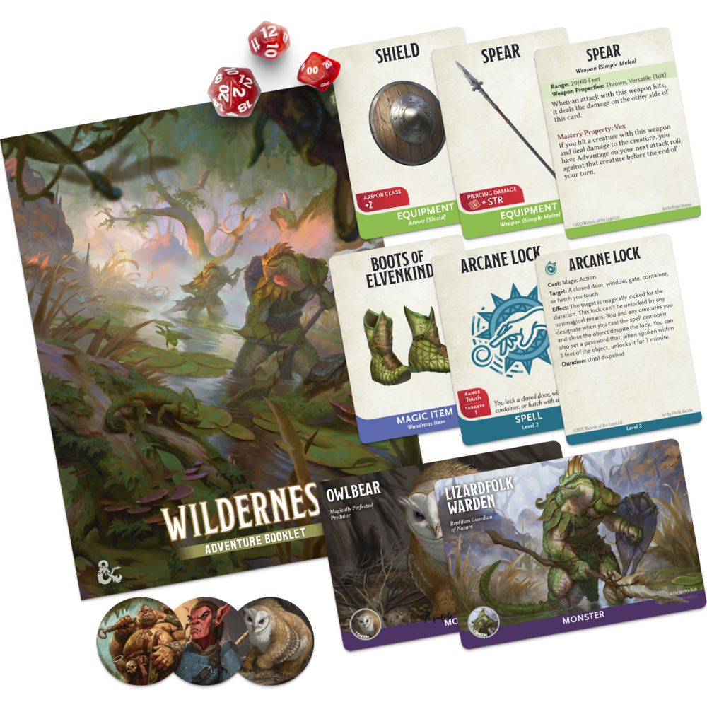 Game components including cards, dice, and an adventure booklet titled 'Wilderness' on a white background.