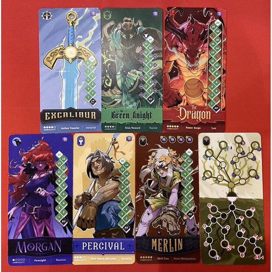Collection of fantasy-themed cards with characters and elements on a red background