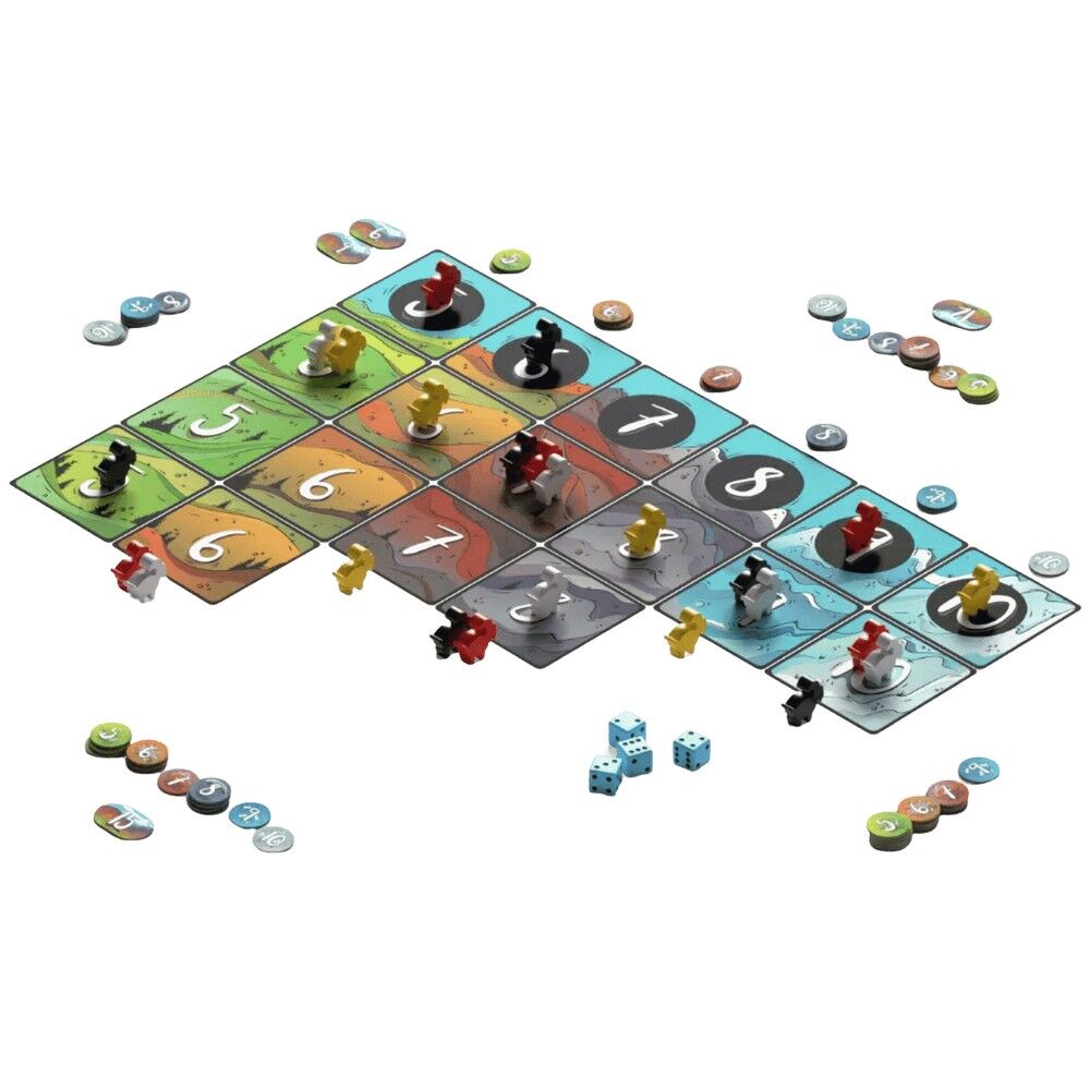 Board game with colorful tiles and player pieces on a white background