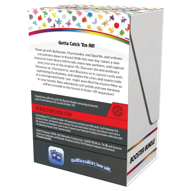 Pokémon trading card game booster bundle rear view packaging 'Scarlet & Violet 151' with colorful design and text.