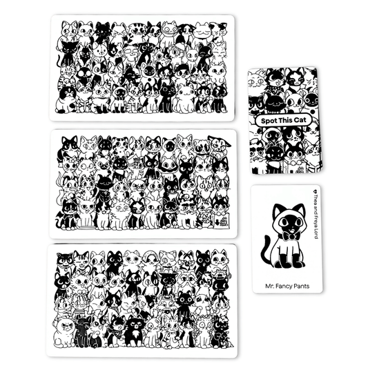 Set of black and white cat-themed images on a white background for the game cat spotting