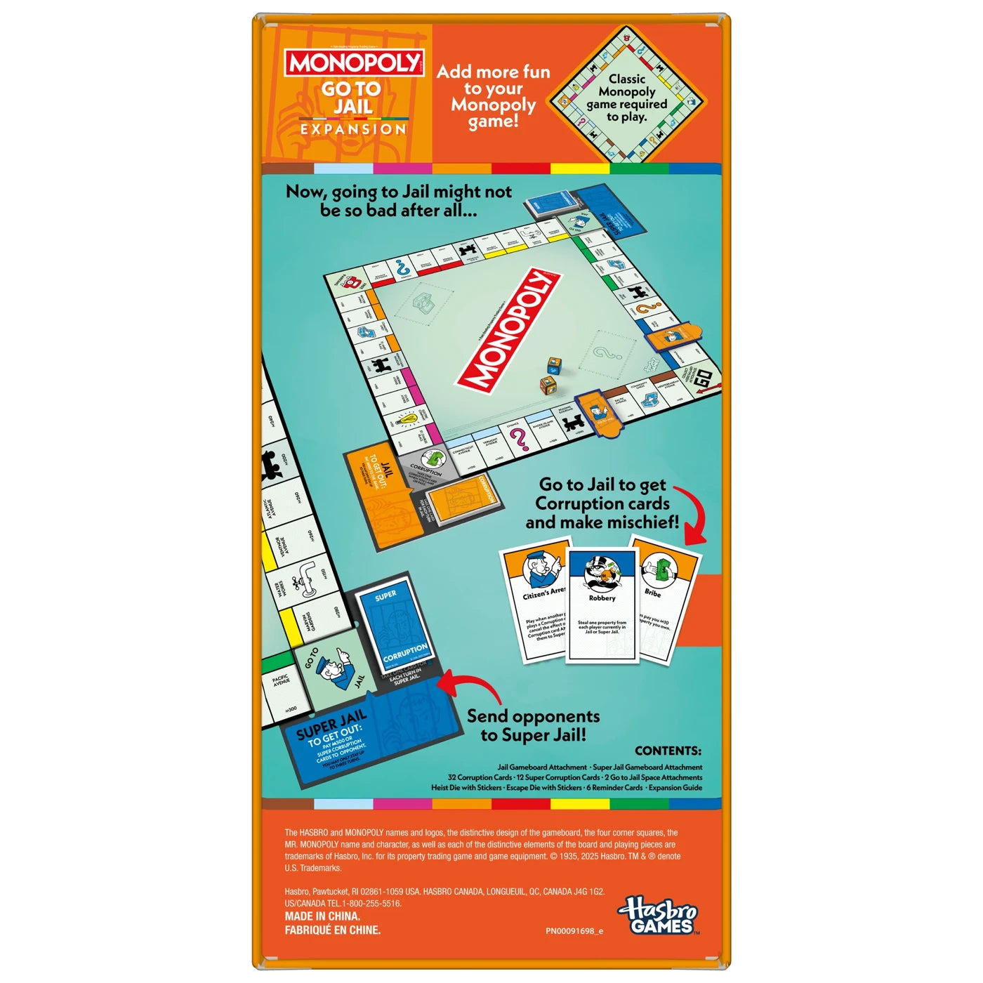 Monopoly game expansion 'Go To Jail' rear view packaging with colorful design and text.