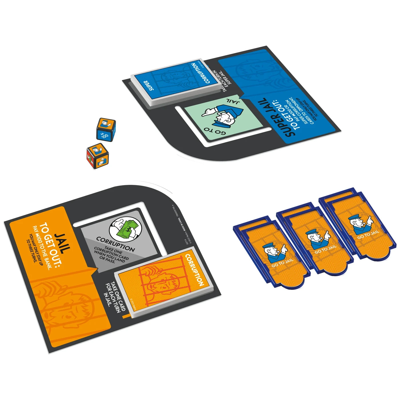 Monopoly Expansion 'Go To Jail' game components including cards, dice, and a mat on a white background