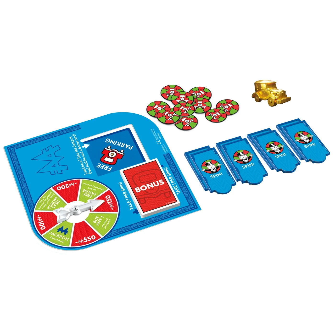 Monopoly Expansion 'Free Parking' Board game components including a spinner, cards, and chips on a white background