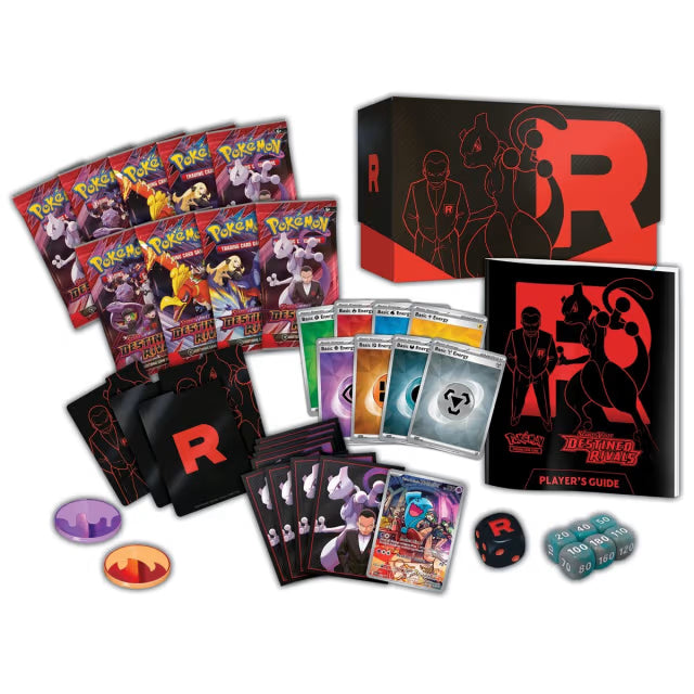 Pokémon Elite Trainer Box Scarlet & Violet Destined Rivals contents with booster packs and various components on a white background