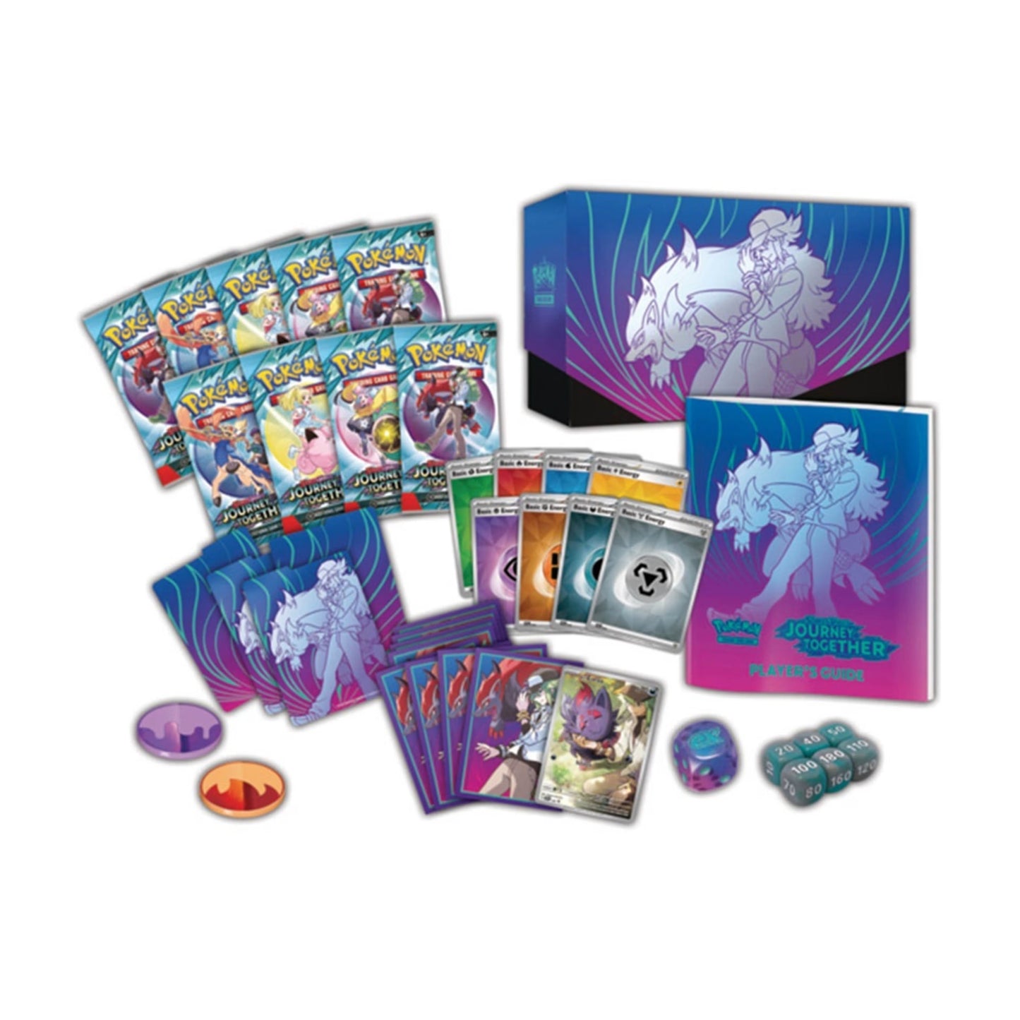 Pokémon Elite Trainer Box Scarlet & Violet Journey Together contents of trading card booster packs and accessories on a white background