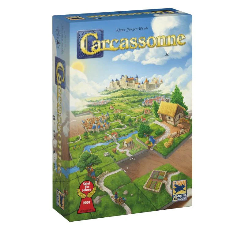 Board game box for 'Carcassonne' with colorful illustration on a white background