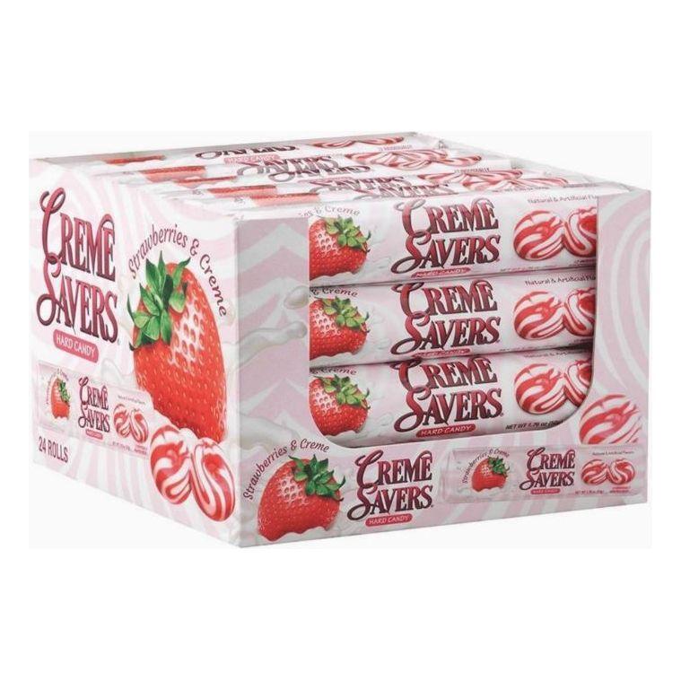 Twice as Sweet Creme Savers Strawberries & Creme 50g (USA) comes in nostalgic pink packaging with strawberry images and includes multiple individually wrapped candies.