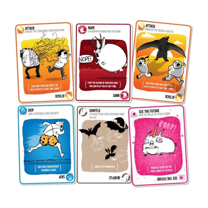 Set of six cartoon-style game cards with various illustrations and text on a white background from Exploding Kittens card game