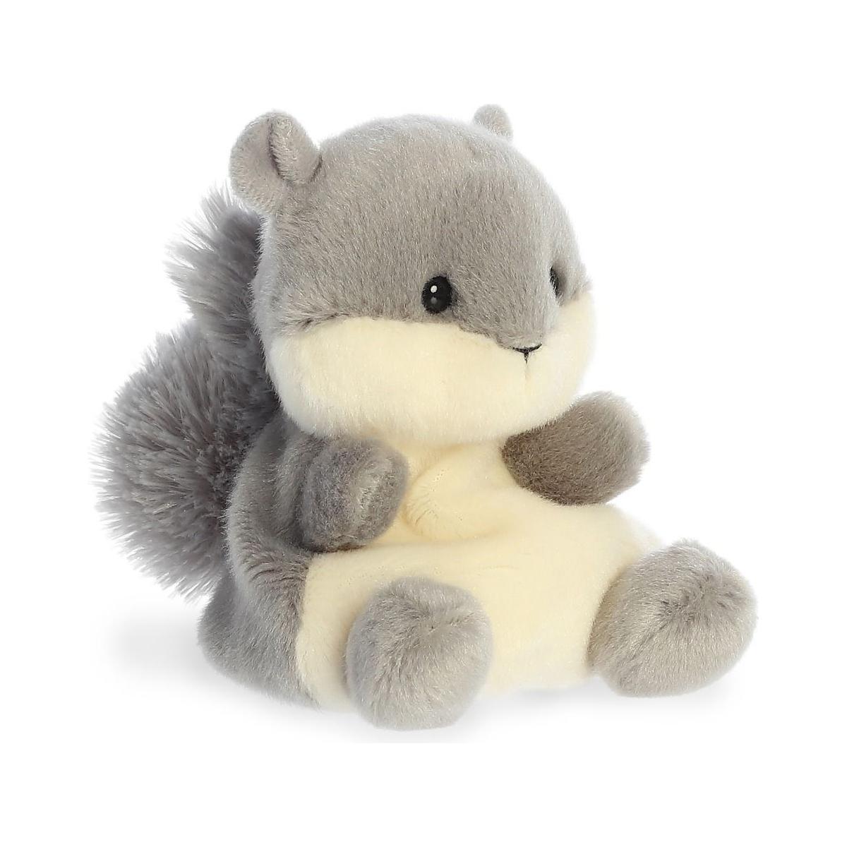 Palm Pal Gus Grey Squirrel by Twice as Sweet features soft gray fur, a fluffy tail, cream belly, round ears, and black eyes—perfect for forest-themed parties or cuddly playtime.