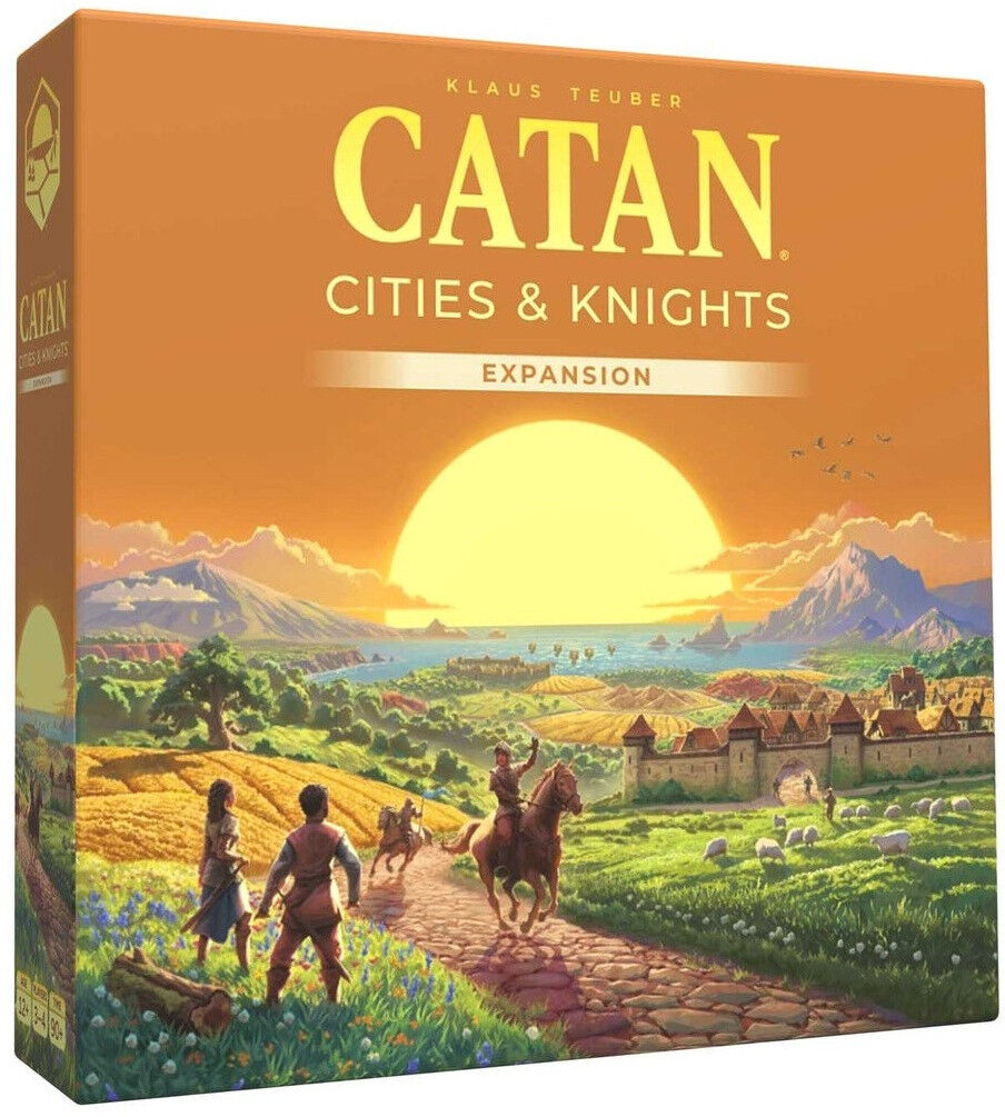Board game expansion box titled 'Catan: Cities & Knights' with a scenic illustration on an orange background.