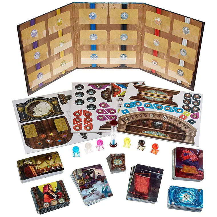 Mysterium board game components including cards, pieces, and board layout on a white background