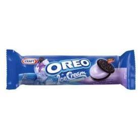A blue wrapper of Twice as Sweet Oreo Ice Cream Blueberry 119.6g (Indonesia), showing the Oreo logo, blueberry ice cream coated in chocolate, Oreo biscuits, and an Oreo cookie on the right side of the package.