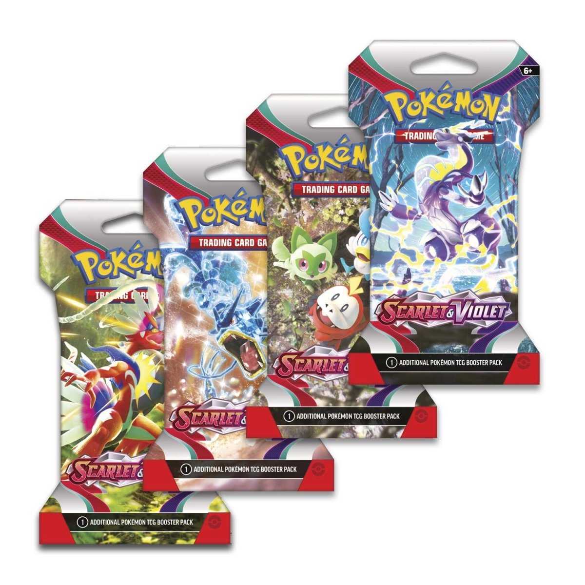 Four Pokémon trading card game booster packs 'Scarlet & Violet' on a white background