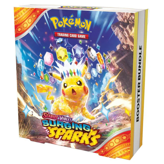 Pokémon Trading Card Game booster bundle packaging with a Pokémon character on a colorful background.