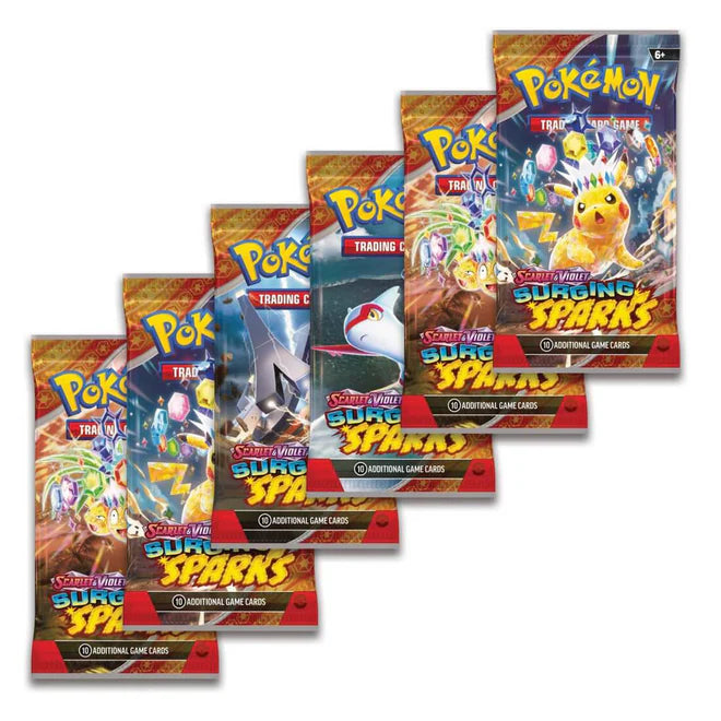 Collection of Pokémon trading card game packs 'Scarlet & Violet Surging Sparks' on a white background