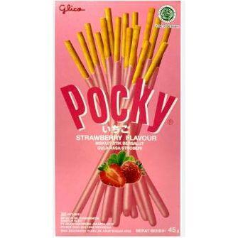 A pink box of Twice as Sweet Pocky Strawberry Biscuit Stick 38g (Japan) shows strawberry-coated sticks and strawberries, with bold Pocky lettering and product details in English and Japanese.