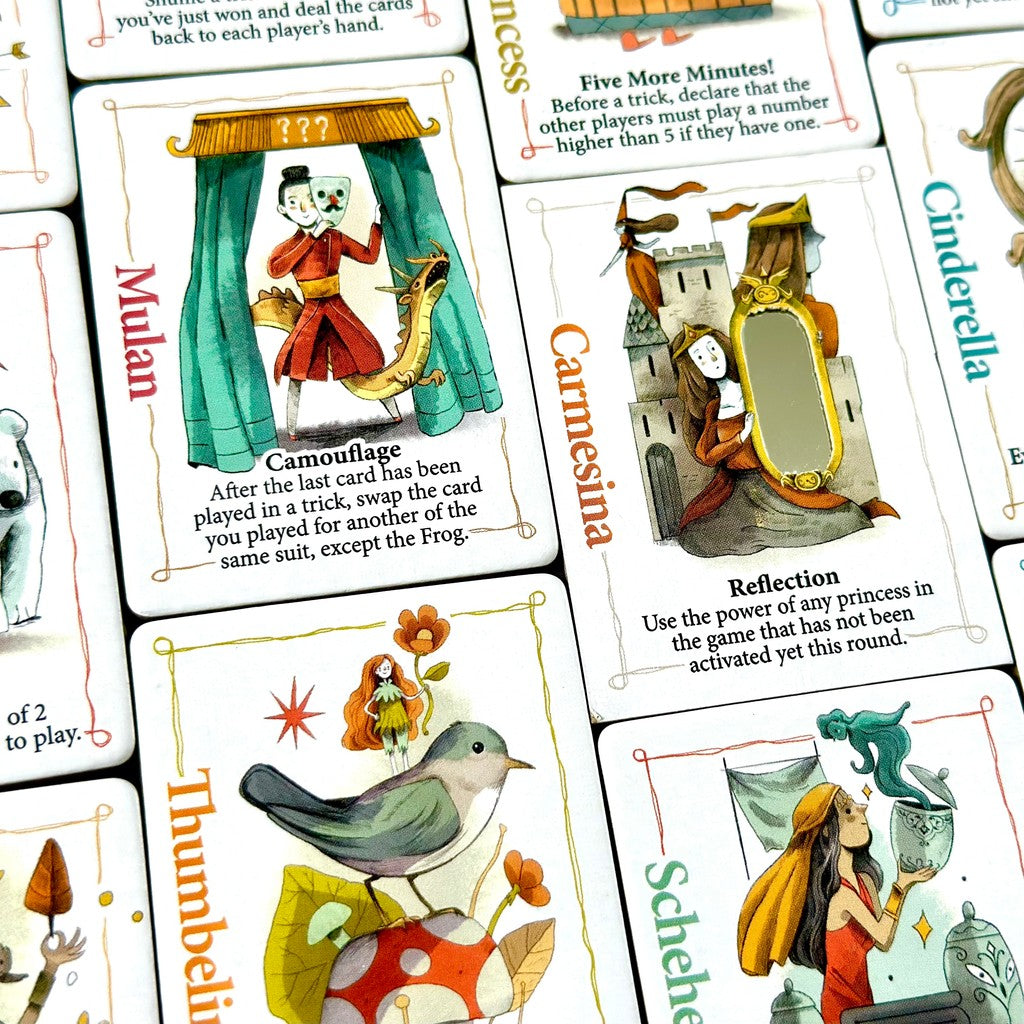 Collection of fairy tale-themed cards with illustrations and text from the board game Rebel Princess