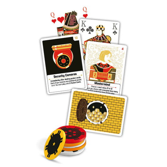 Components for the board game The Gang with playing cards with game elements and tokens on a white background