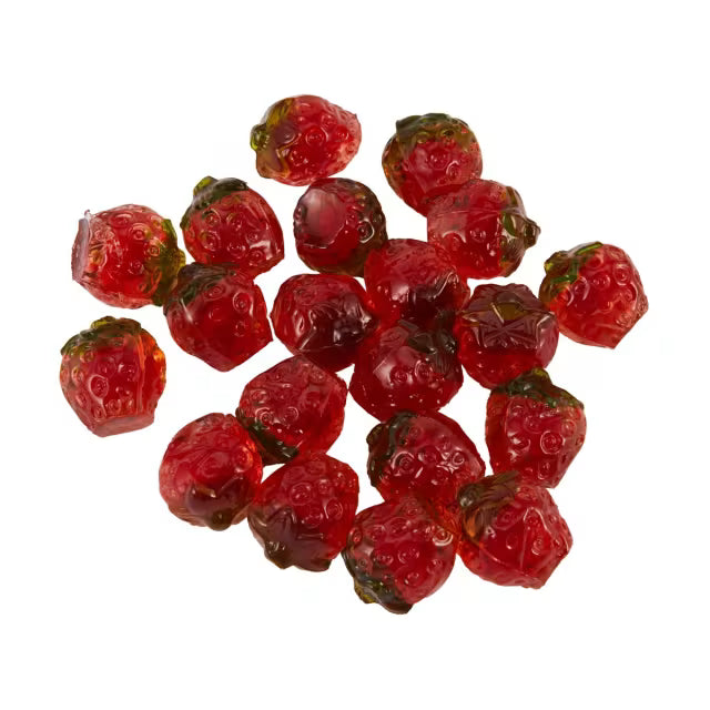 A pile of Amos 4D Fruit Gummy Strawberry Burst candies by Twice as Sweet, shaped like real strawberries with green tops, arranged on a white background. Product weight: 140g. Made in China.
