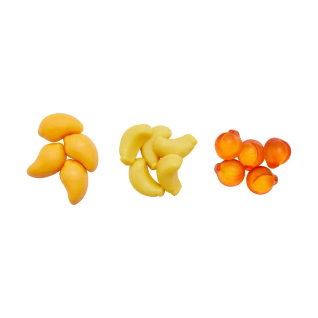 Three groups of Twice as Sweet Amos Peelerz Gummy Assorted Fruit 350g (China) on a white background: four mango gummy, five banana gummy, and five peach gummy. These fun peelable gummies are delicious treats.