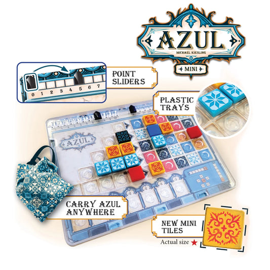 Azul Mini game set with carrying case, tiles, and sliders on a white background