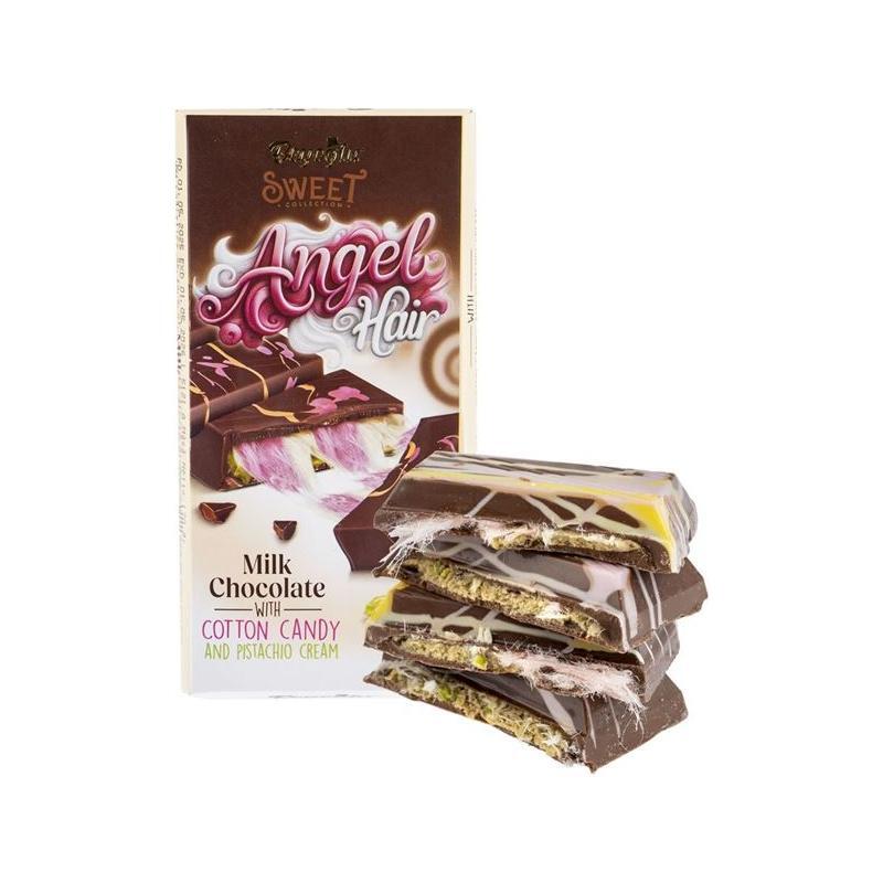A 170g Beyoglu Dubai Chocolate Angel Hair bar from Twice as Sweet features milk chocolate filled with pink cotton candy and pistachio cream. The package shows a tempting image of the candy inside. Made in Turkey.
