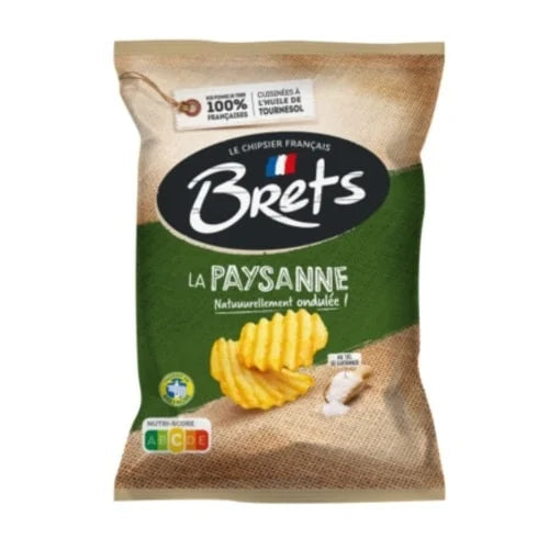 A bag of Twice as Sweet Brets Paysanne Guérande Salt Chips 125g (France) is shown, with ridged chips and salt on the packaging, French text, and a green-brown rustic design emphasizing this savoury snack.