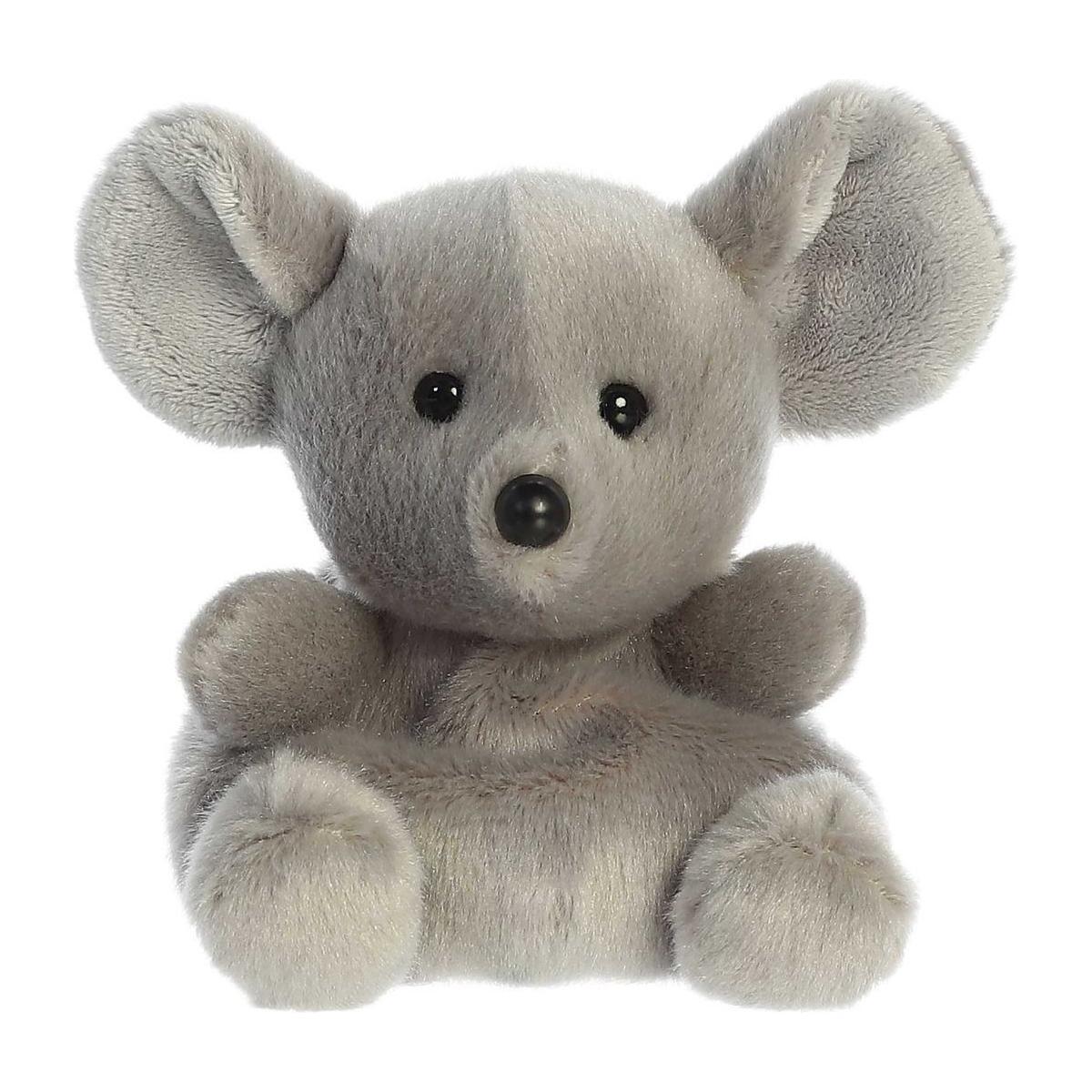 The Twice as Sweet Palm Pal Chatty Mouse is a plush gray mouse with large round ears, black button eyes, and a small nose, sitting upright against a white background—a cuddly companion for all ages.
