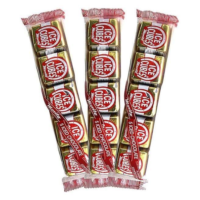 Three packs of Twice as Sweet Chocolate Ice Cube (Germany), each containing five individually wrapped gold pieces, are displayed fanned out on a white background.