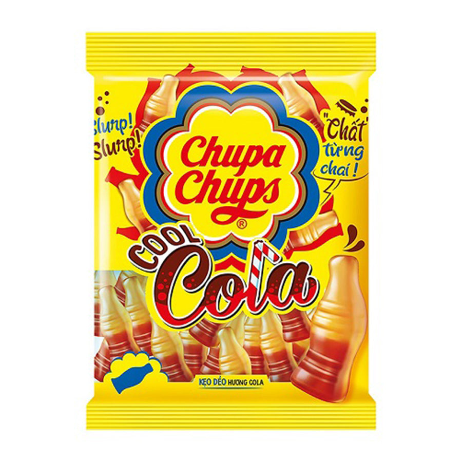 A yellow bag of Twice as Sweet Chupa Chups Cool Cola Jelly Candy 90g (China) shows cola bottle-shaped gummies on the packaging, with an illustrated cola bottle and the Chupa Chups logo in red on a flower-shaped background.