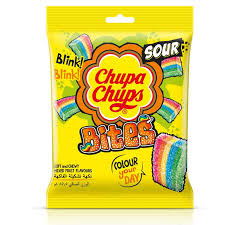 The Twice as Sweet Chupa Chups Sour Bites Jelly Candy 90g (Vietnam) comes in a yellow bag with rainbow-striped jelly candies, bold text, and playful graphics for a fun sour candy experience. The Chupa Chups logo is displayed at the center.