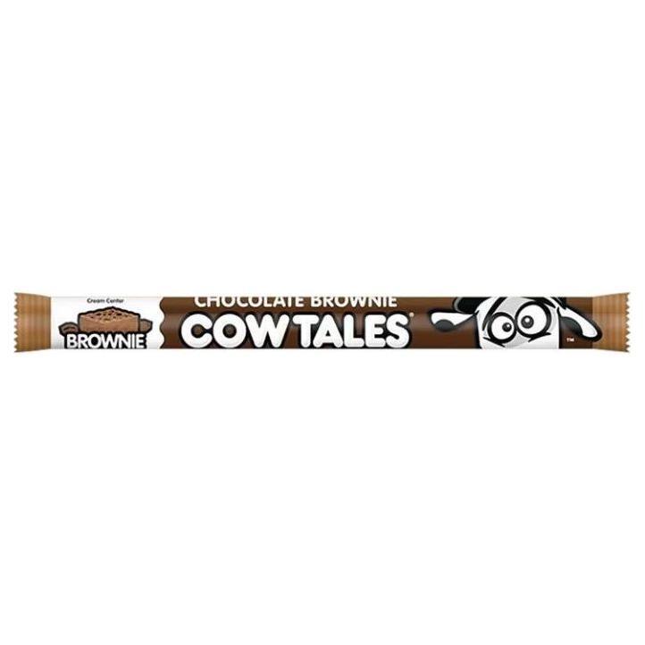 Cow Tales Chocolate Brownie 28g (USA) by Twice as Sweet features brown and white packaging with a cartoon cow’s face and “Chocolate Brownie Cow Tales with Cream Center” text on the left.