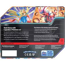 Pokémon trading card game Slashing Legends Tin rear view packaging with Pokémon characters and text.