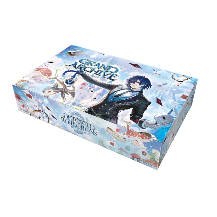 Card game box with character illustration and 'Grand Archive Distorted Reflections' text on a white background