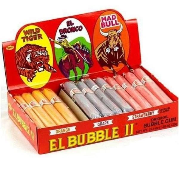 Enjoy Twice as Sweet El Bubble Bubble Gum Cigar 20g (Canada)—chewy, fruity candy in orange, grape, and strawberry flavors with vibrant “Wild Tiger,” “El Bronco,” and “Mad Bull” illustrations for a nostalgic treat.