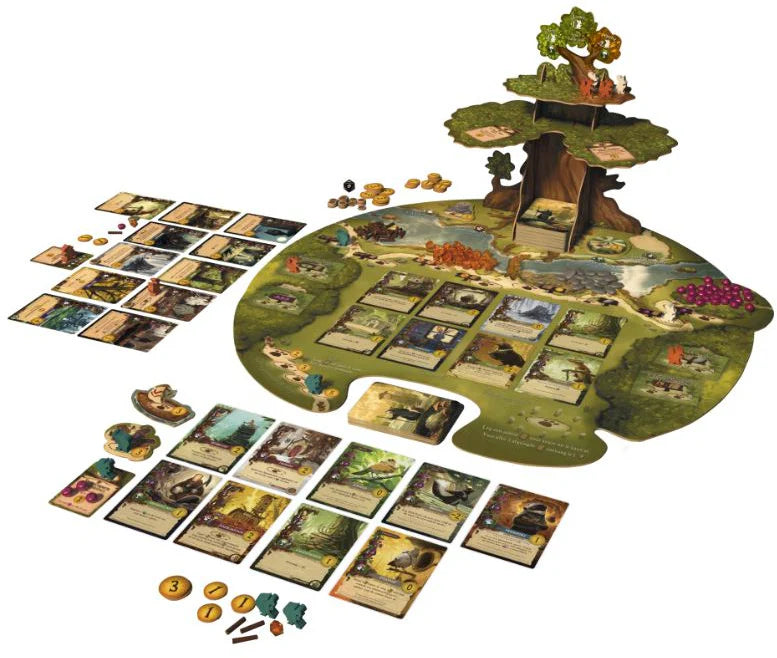 Everdell board game components with cards and pieces on a white background