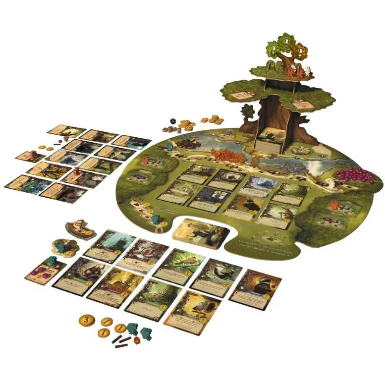 Everdell board game components with cards and pieces on a white background
