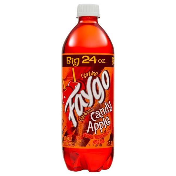 A 710mL Twice as Sweet Faygo Candy Apple soda from the USA, in a plastic bottle with bright red liquid and a vibrant label featuring an apple graphic and bold white lettering on an orange-red background.