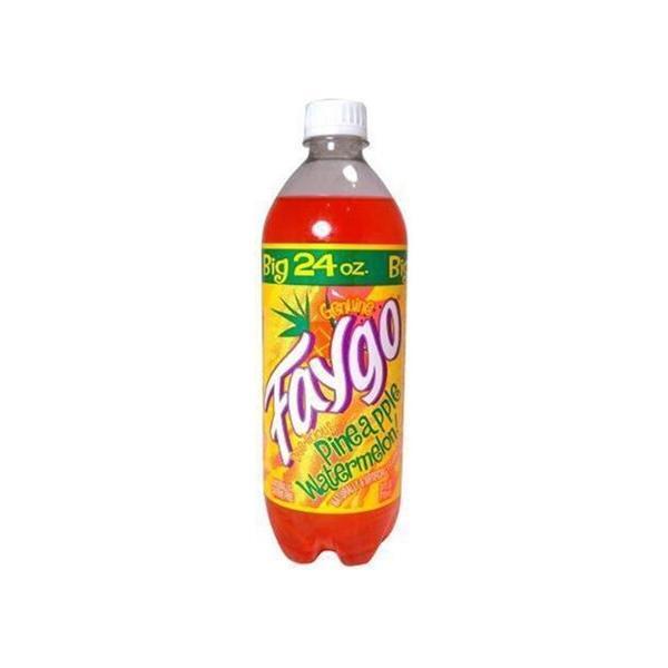 A 680mL plastic bottle of Twice as Sweet Faygo Pineapple Watermelon (USA) features a yellow and green label, red soda inside, and a white cap.